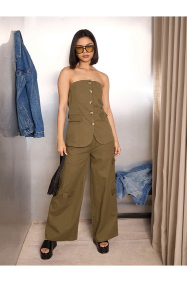Olive Bandeau Neck Button-Down Top