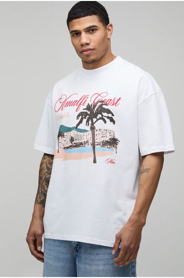 White Oversized Amalfi Coast Print T-Shirt - white