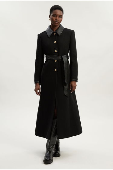 Wool Pu Mix Belted Tailored Maxi Coat