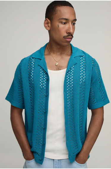 Boxy Regular Open Stitch Panel Knitted Shirt - teal