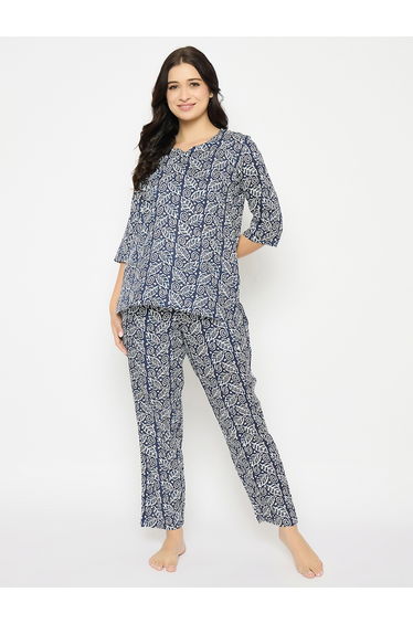 Leaf Print V-Neck Top and Pyjama Set