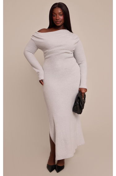 Plus Light Grey Brushed Rib Long Sleeve Ruched Maxi Dress