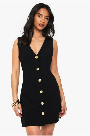 Petite Gold Button V Neck Shift Dress - black