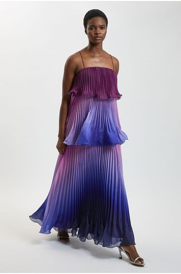 Pleated Slub Organdie Ombre Woven Maxi Dress