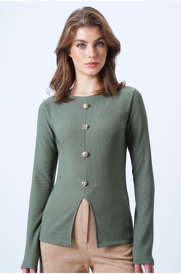 Women's khaki crew neck button-down blouse with front slit detail