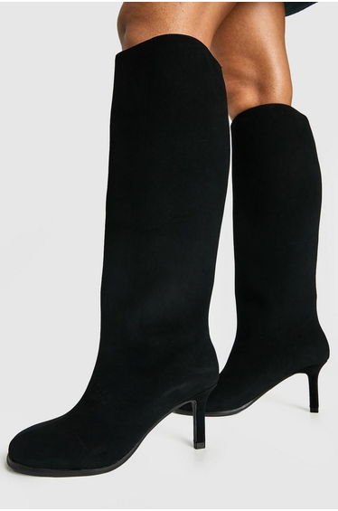 Rounded Square Toe Knee High Stiletto Boots - black