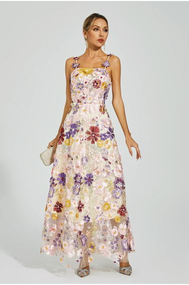 Taytum White Flower Embroidery Maxi Dress