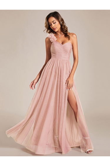ever CLOE|Sweetheart Neckline One Shoulder with Floral Tulle High Slit Bridesmaid Dress