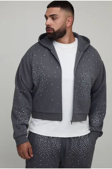 Plus Shrunken Rhinestone Zip Through Hoodie - charcoal