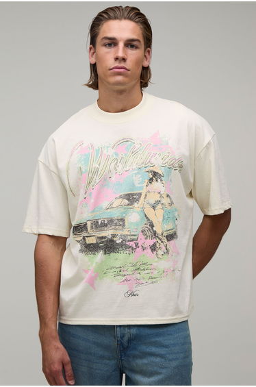 Ecru Oversized Boxy Western Car Print T-Shirt - ecru