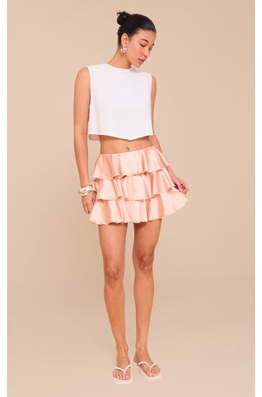 Almond Satin Tiered Flippy Mini Skirt