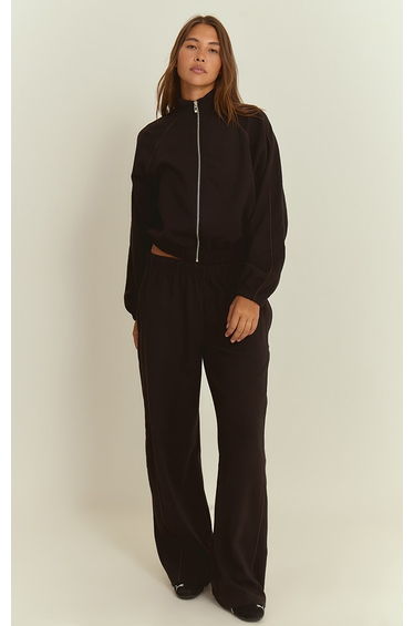 Black Interlock Contrast Piping Wide Leg Joggers