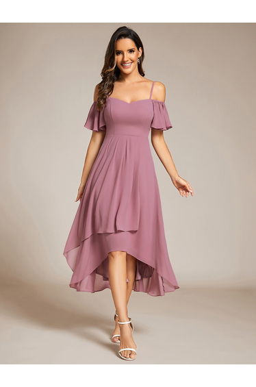 pretty JORDANE|Plus Size Cold Shoulder Sweetheart Necklin Chiffon Midi Wedding Guest Dress