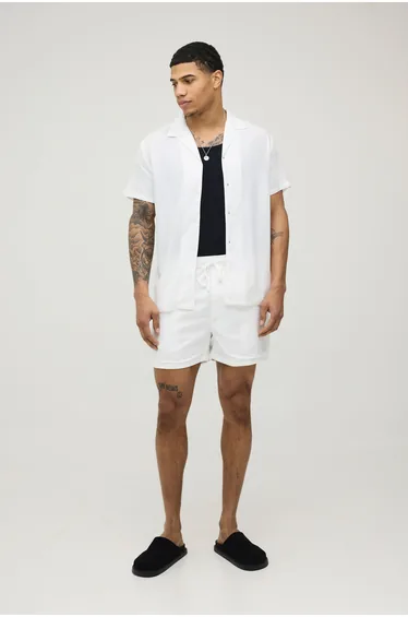Holiday Linen Blend Regular Shirt & Relaxed Short Set - white
