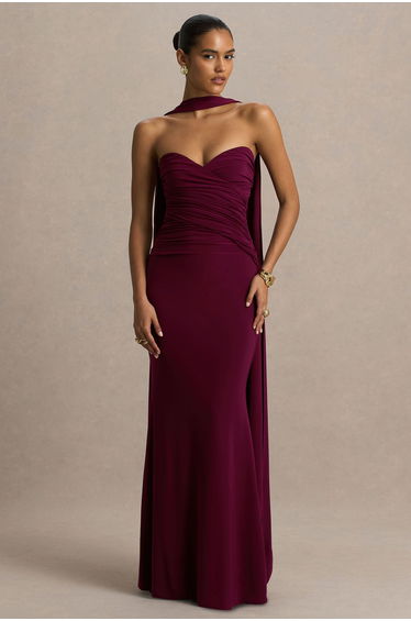 Leila | Burgundy Sweetheart Maxi Dress With Scarf