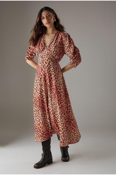 Viscose Leopard V Neck Puff Sleeve Midi