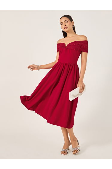 Solid Off Shoulder Neck A-Line Midi Dress