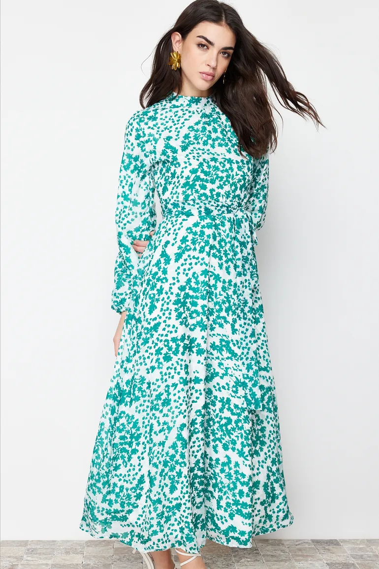 Green Lined Floral Woven Dress - 2
