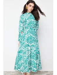 Green Lined Floral Woven Dress - 2