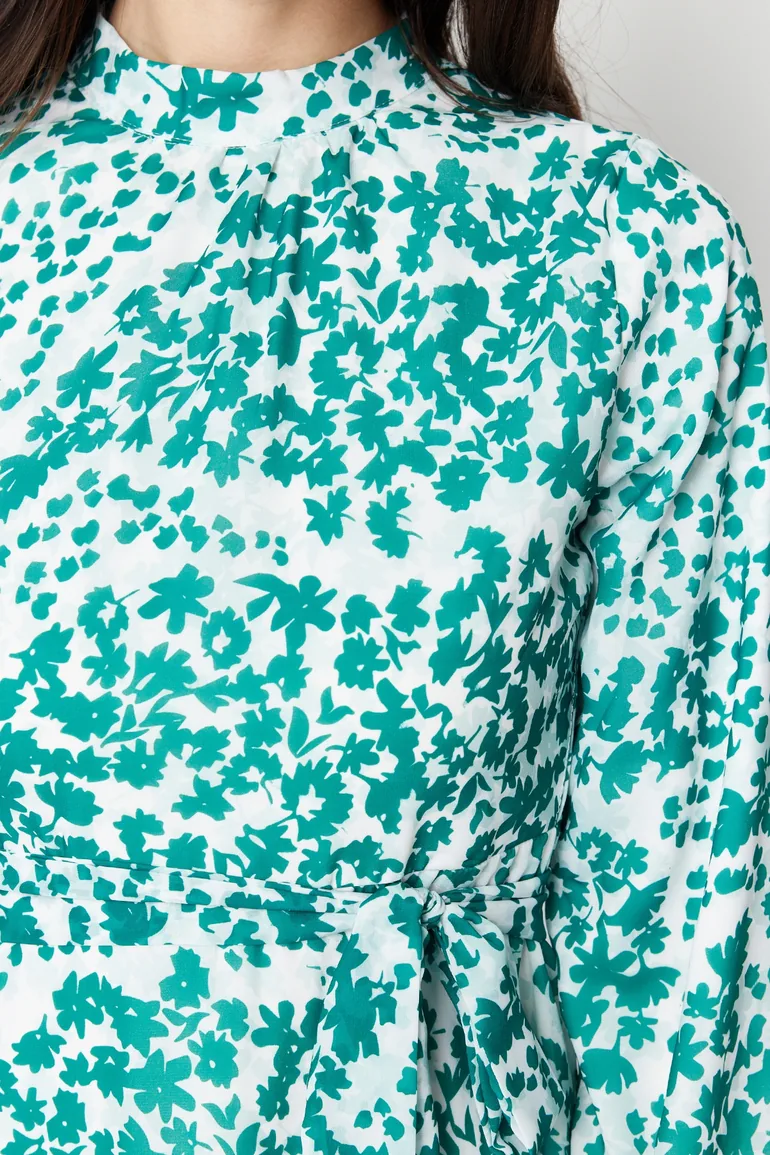 Green Lined Floral Woven Dress - 4