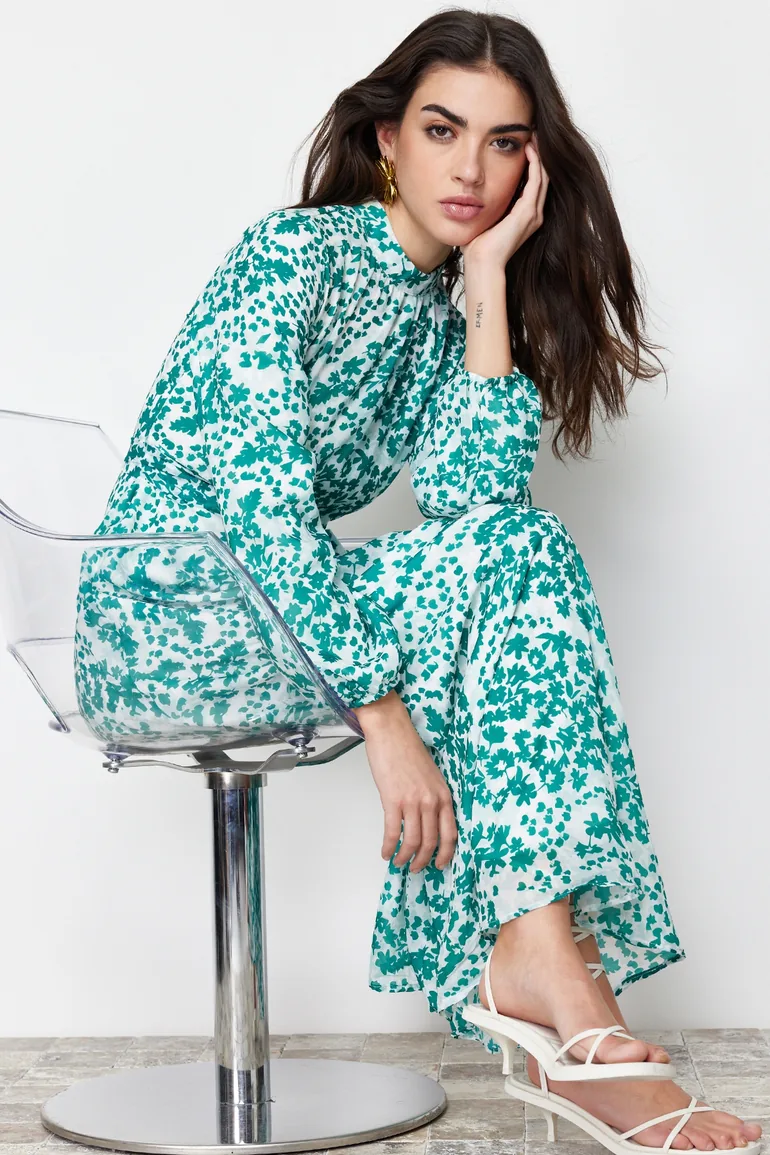 Green Lined Floral Woven Dress