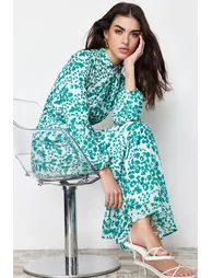 Green Lined Floral Woven Dress