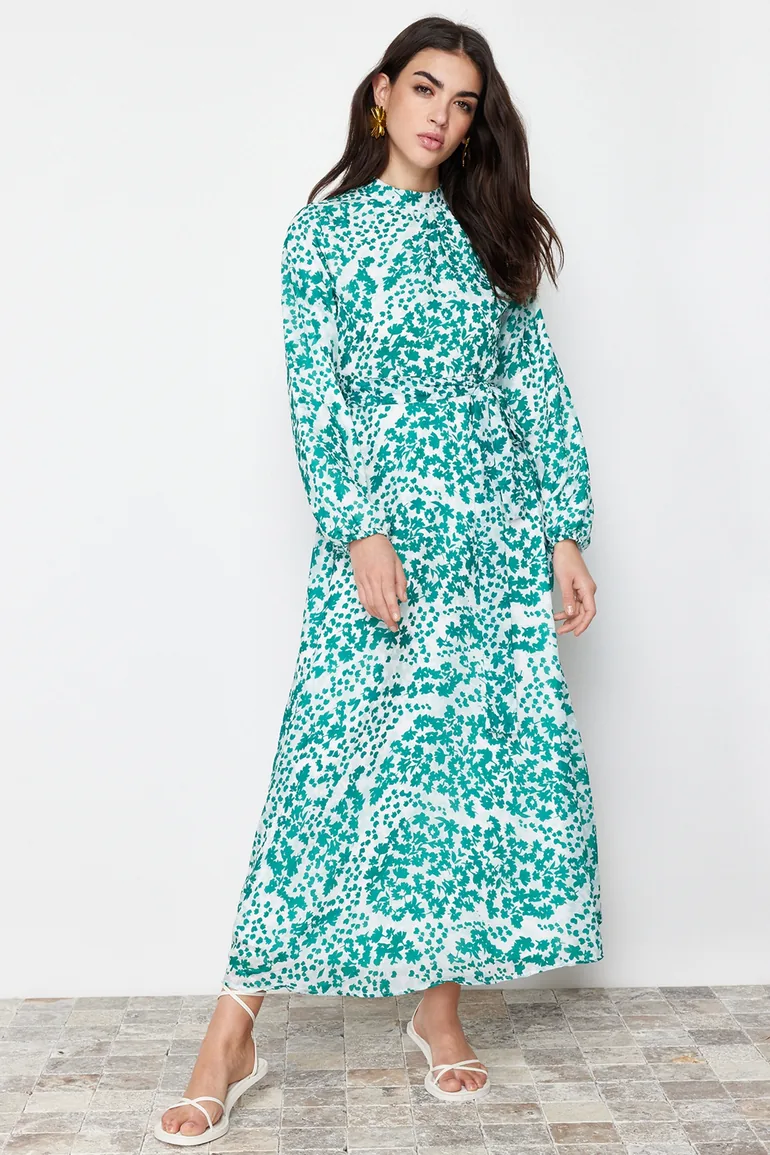 Green Lined Floral Woven Dress - 1