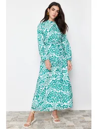 Green Lined Floral Woven Dress - 1