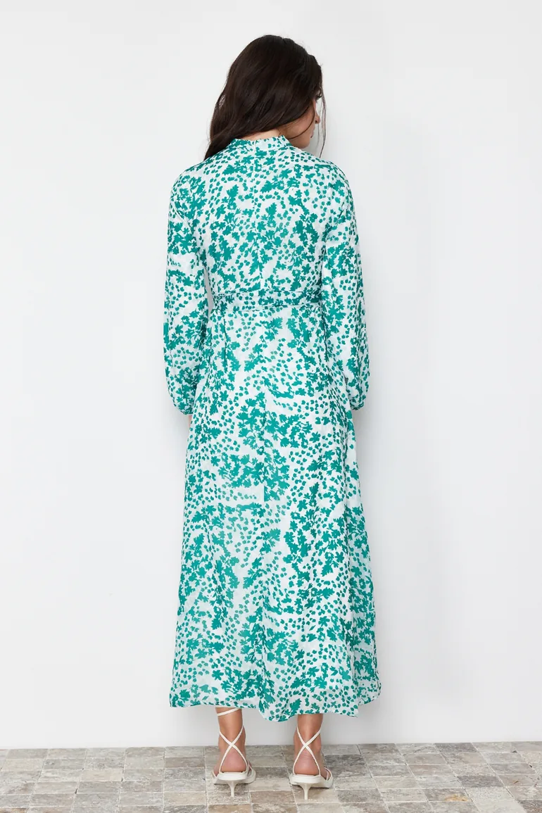 Green Lined Floral Woven Dress - 5