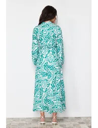 Green Lined Floral Woven Dress - 5