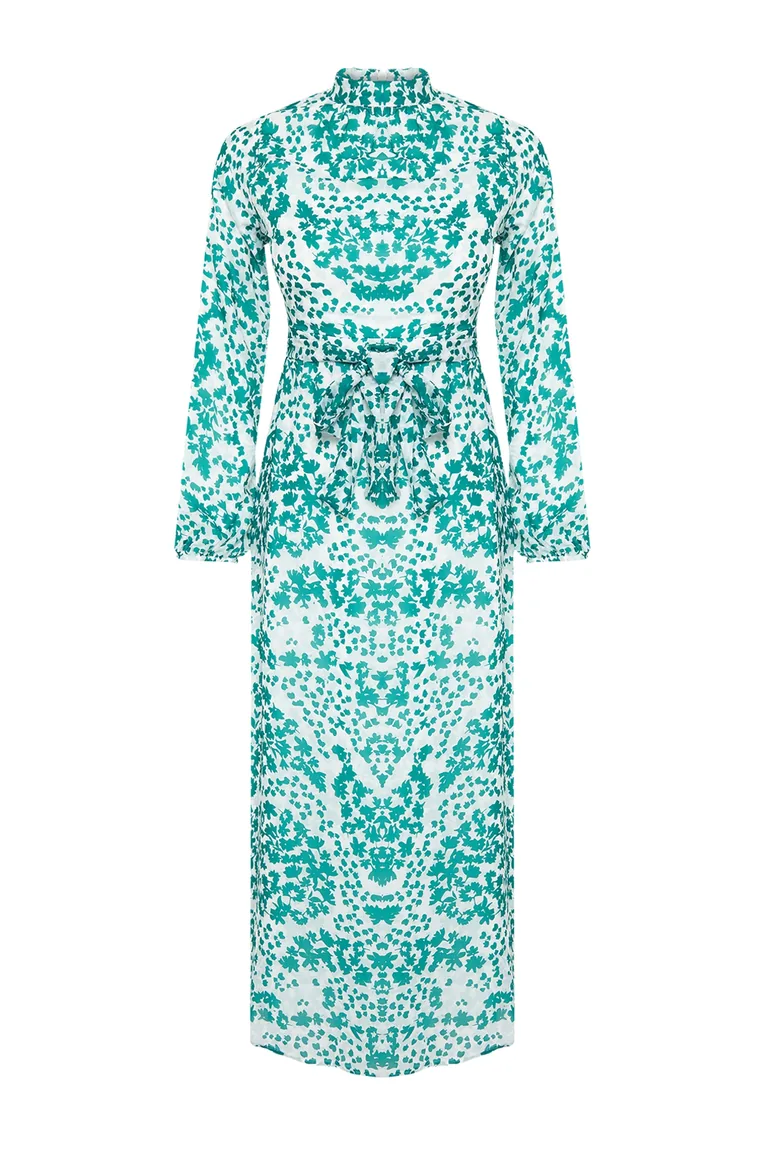 Green Lined Floral Woven Dress - 6