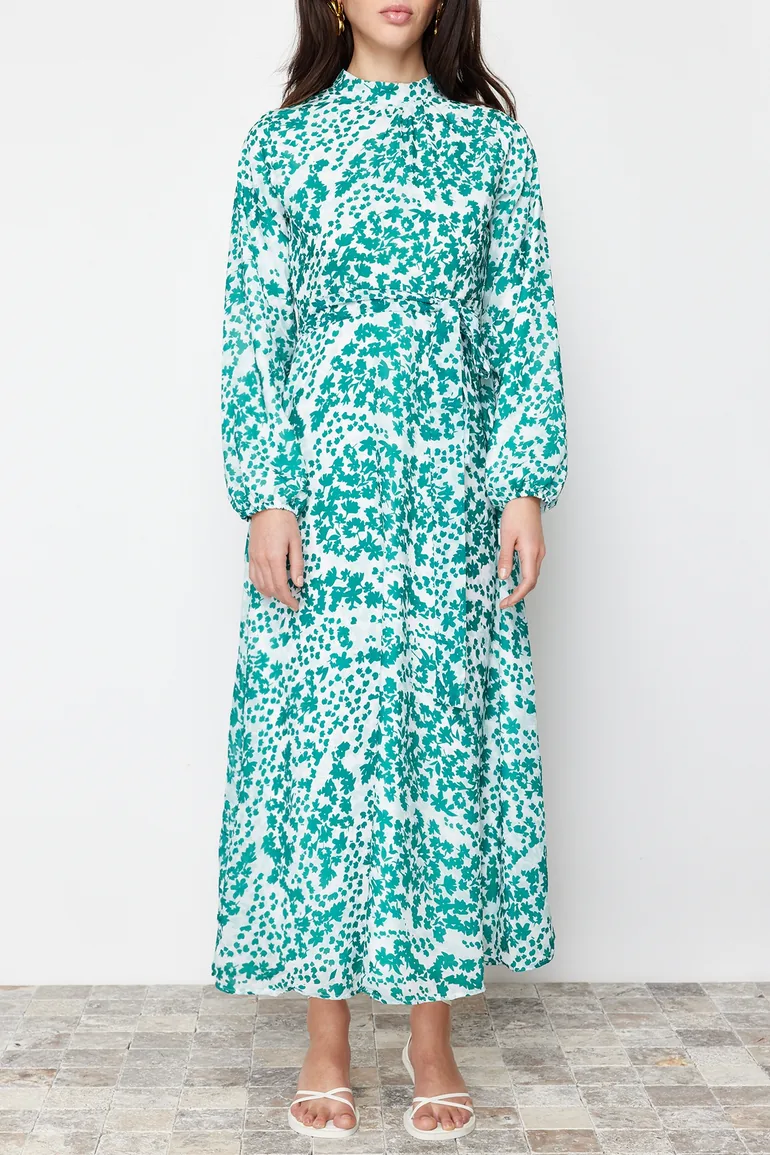 Green Lined Floral Woven Dress - 3