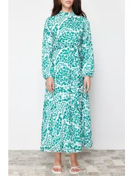Green Lined Floral Woven Dress - 3