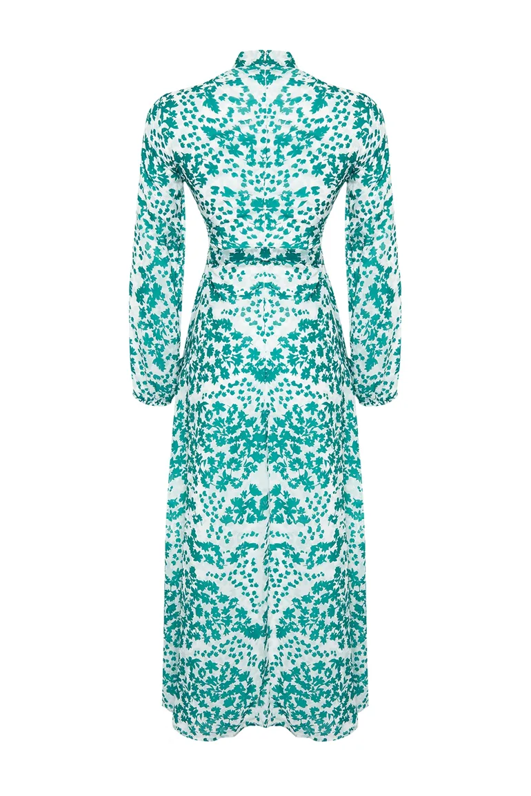 Green Lined Floral Woven Dress - 7