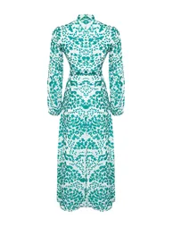 Green Lined Floral Woven Dress - 7