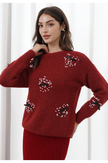 Heart Sequin Bowknot Embellished Knit Sweater in Burgundy