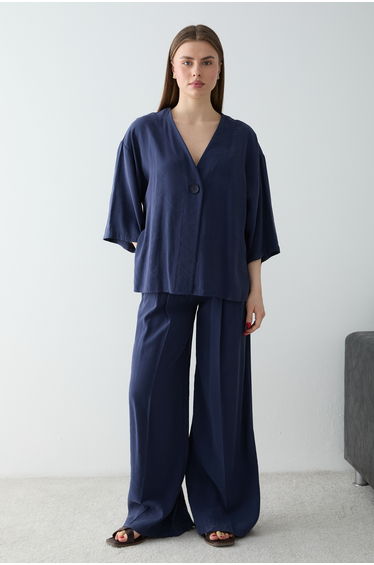 Navy Blue Modal Blouse and Pants Set - Top and Bottom Set