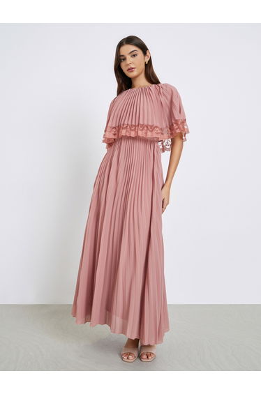 Pink Lace Trim Pleated Maxi Evening Dress