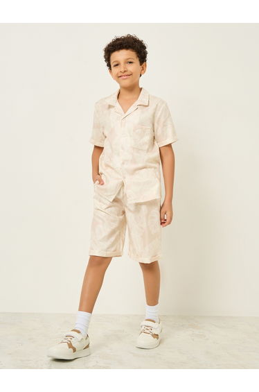 Boys Beige Tropical Print Shirt and Shorts Set