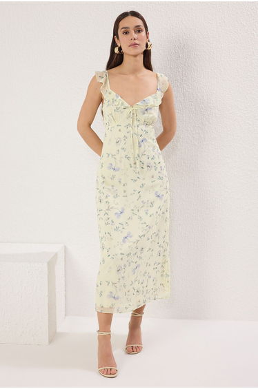 Yellow Floral A-Line Ruffle Midi Woven Dress