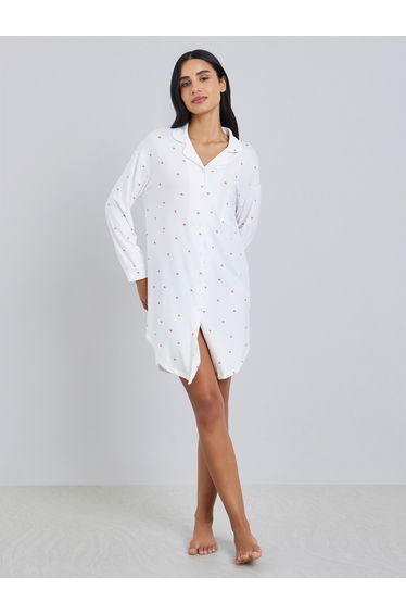 Women White Heart Print Long Sleeve Nightshirt