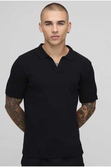 Regular Fit Revere Cotton Blend Knitted Polo - black