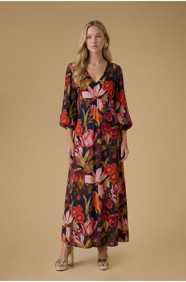 Volume Sleeve Printed Viscose Midaxi Dress