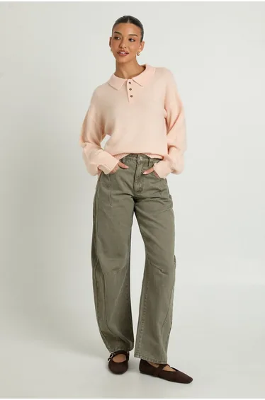Collared Button Down Oversized Knitted Jumper - peach