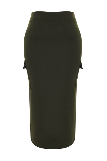 Khaki Pocket Detailed Midi Knitted Skirt