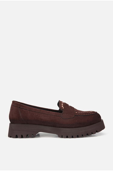 Women's Brown Stitched Suede Thick Sole Loafers