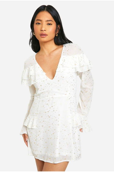 Petite Star Ruffle Detail Plunge Mini Dress - white
