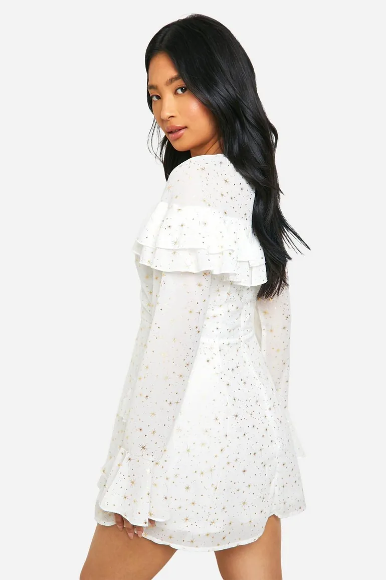 Shop Petite Star Ruffle Detail Plunge Mini Dress - white Online in Oman