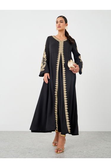 Embroidered Lace Trim Long Sleeve Maxi Dress