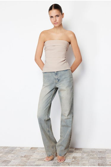 Mink Strapless Fitted Woven Top